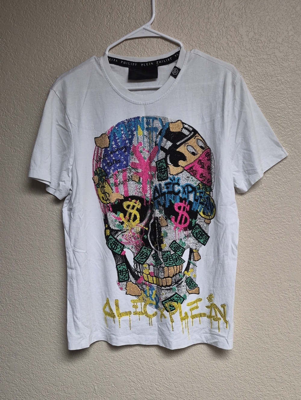 Philipp Plein White Short Sleeve Tee with Colorful Dollar Skull Graphic